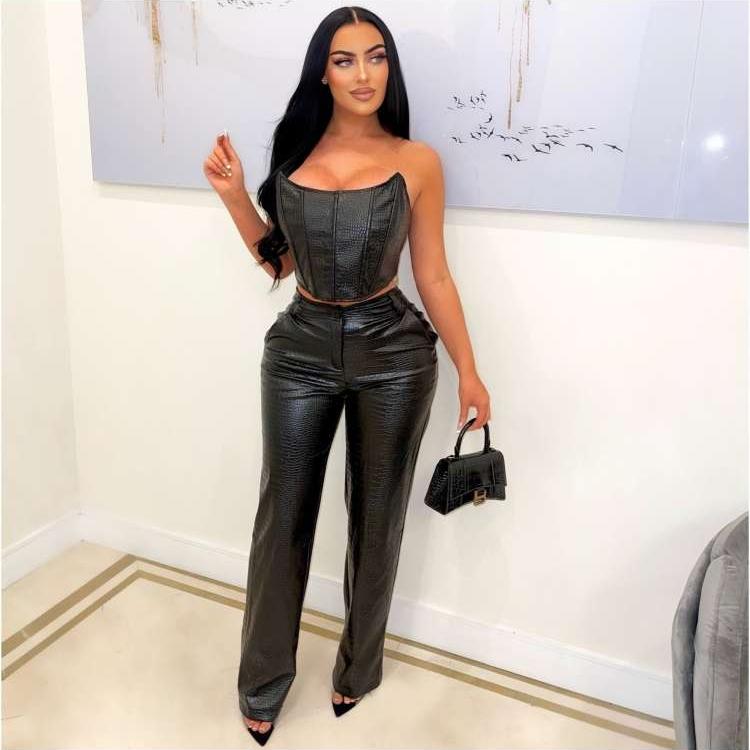 PU Snake Print Zipper Tube Pant Sets