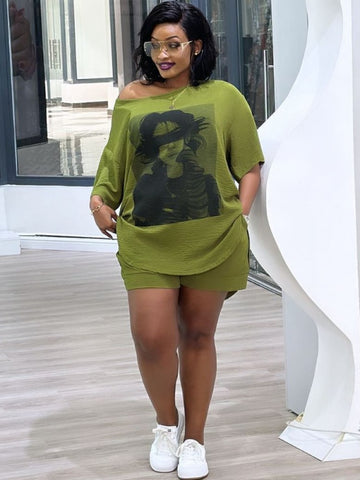 Printed Loose Inclined Shoulder Short Sets