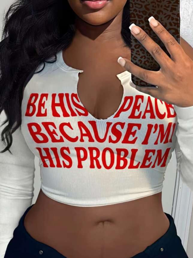 Letter Print U Neck Cropped Long Sleeve Tops