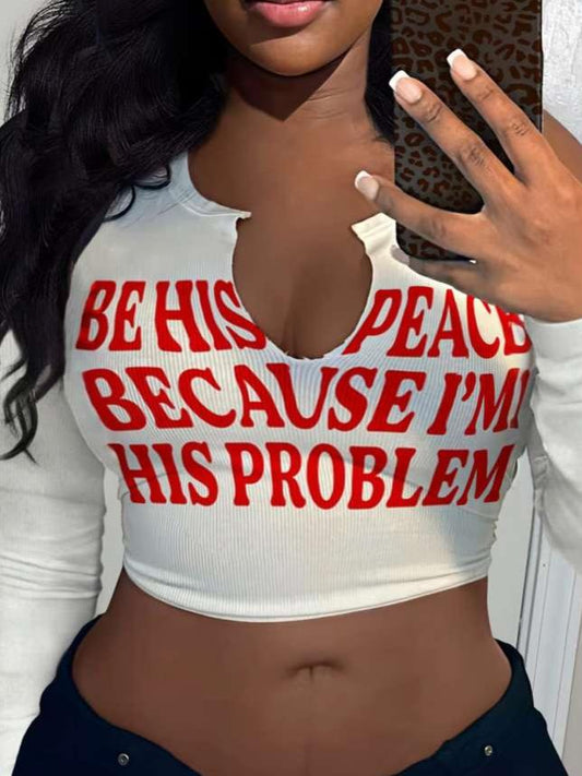 Letter Print U Neck Cropped Long Sleeve Tops
