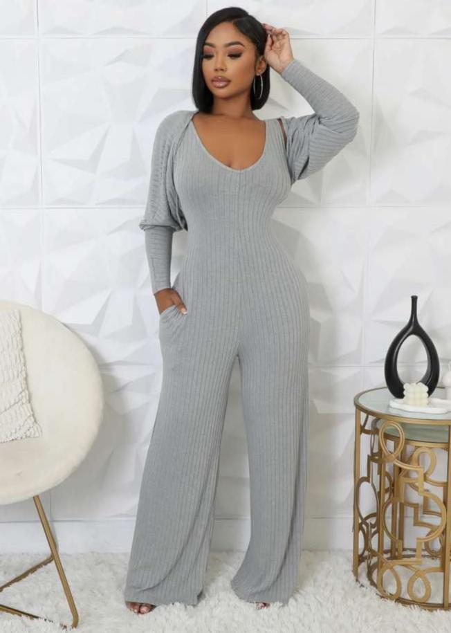 Rib Puff Sleeve Shrug V Neck Jumpsuit 2 Piece Sets