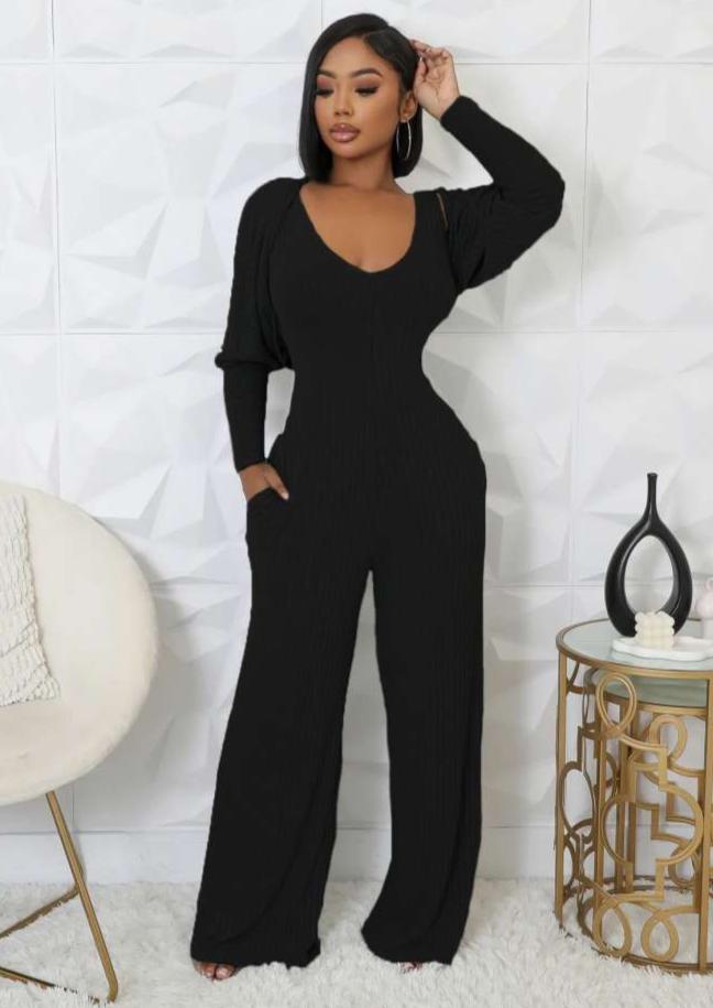 Rib Puff Sleeve Shrug V Neck Jumpsuit 2 Piece Sets