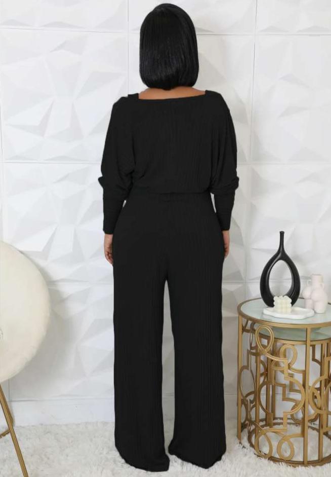 Rib Puff Sleeve Shrug V Neck Jumpsuit 2 Piece Sets