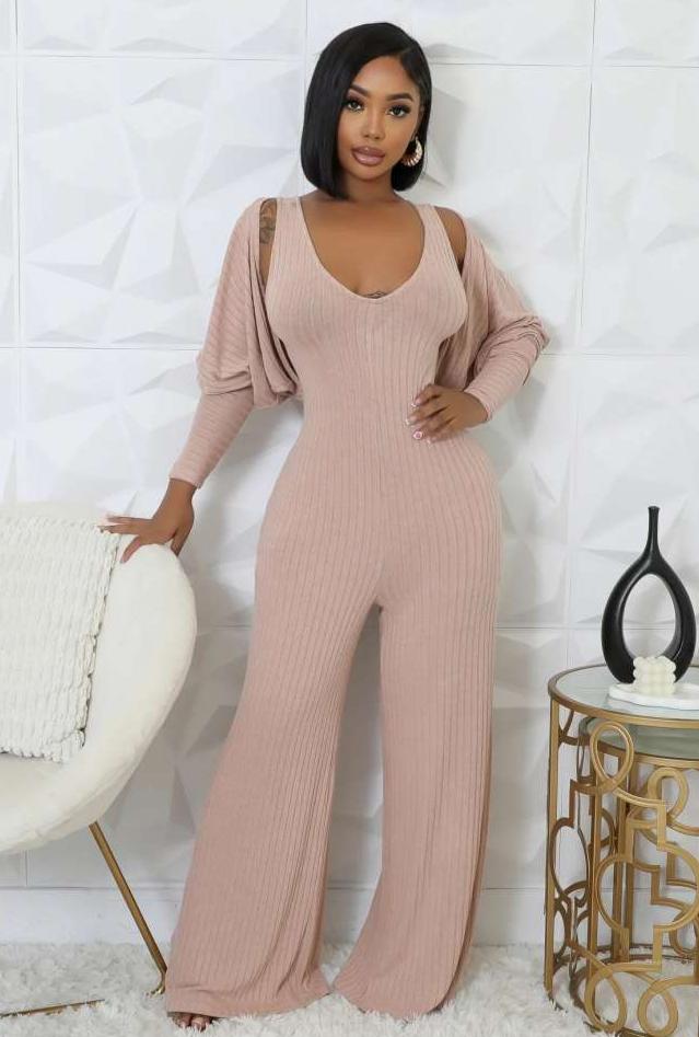 Rib Puff Sleeve Shrug V Neck Jumpsuit 2 Piece Sets