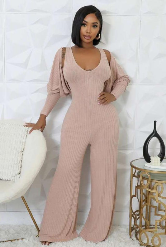 Rib Puff Sleeve Shrug V Neck Jumpsuit 2 Piece Sets