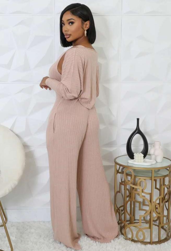 Rib Puff Sleeve Shrug V Neck Jumpsuit 2 Piece Sets
