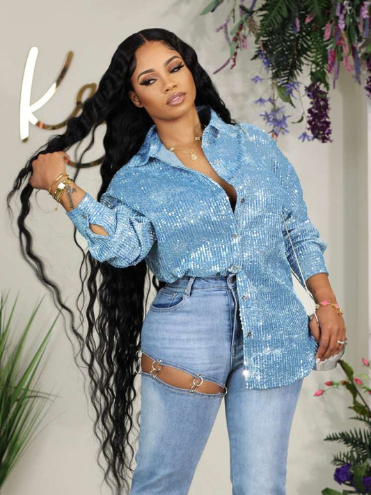 Sequin Flannelette Loose Buckle Lapel Shirt