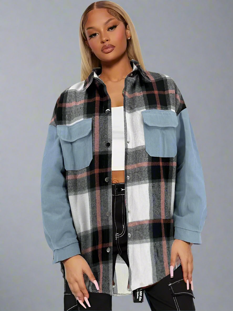 Plaid Denim Patchwork Loose Shirt Coats