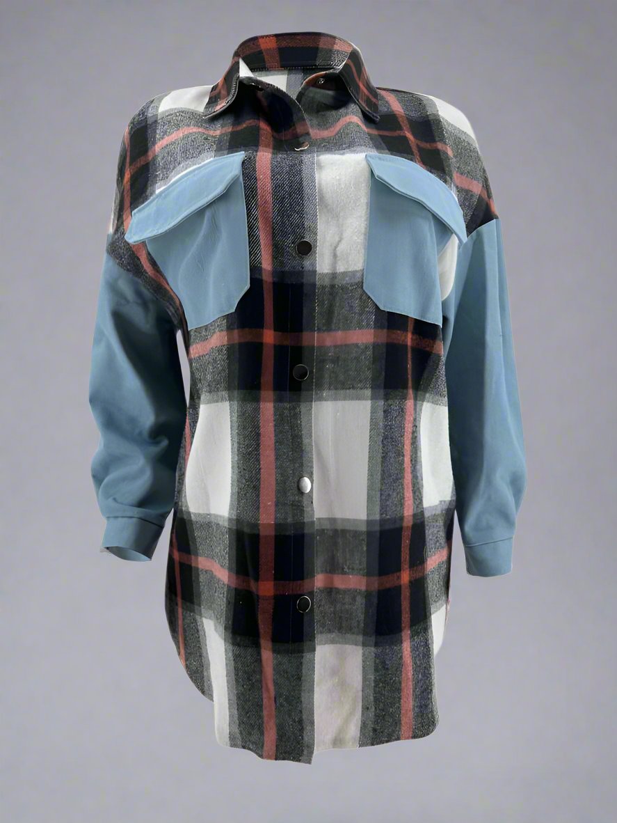 Plaid Denim Patchwork Loose Shirt Coats