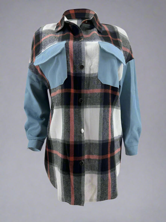 Plaid Denim Patchwork Loose Shirt Coats