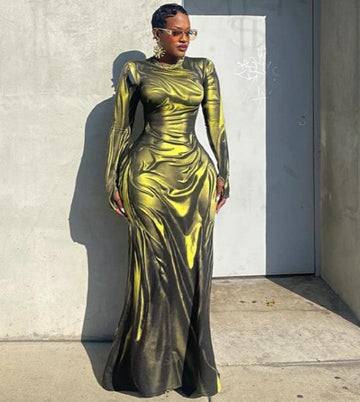 Colorblock Abstract Print Long Sleeves Maxi Dress