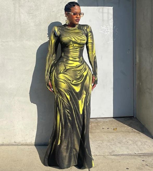 Colorblock Abstract Print Long Sleeves Maxi Dress