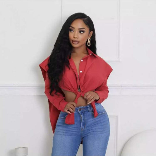 Irregular Lace Up Loose Bare Waist Shirt