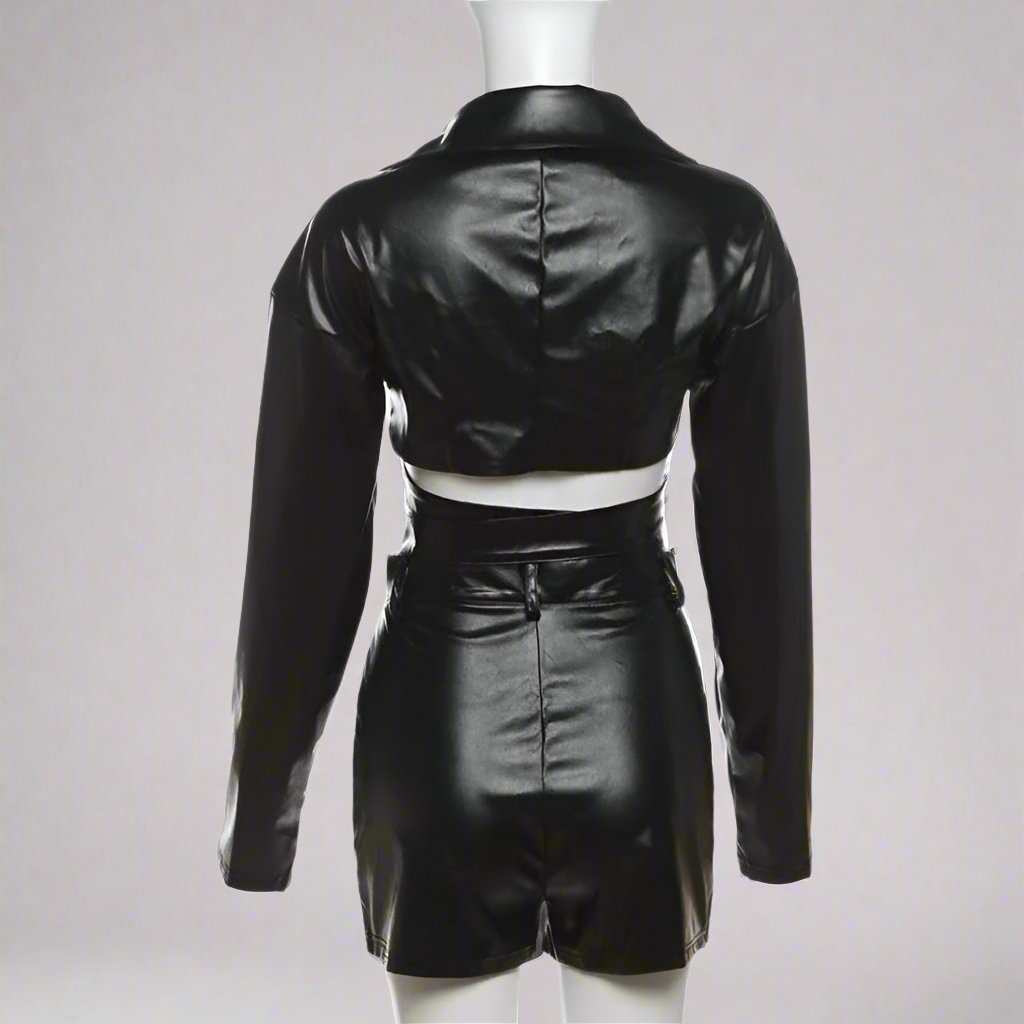 Lace Up PU Lapel Cropped Jackets Short Sets