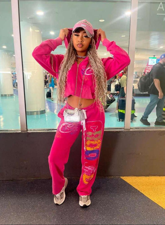 Letter Print Zipper Hooded Sweatpants Set