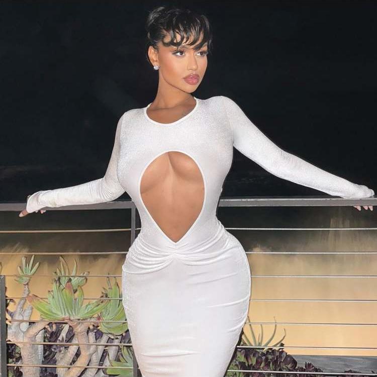 White Hollow-out Ruched Long Sleeve Maxi Dress
