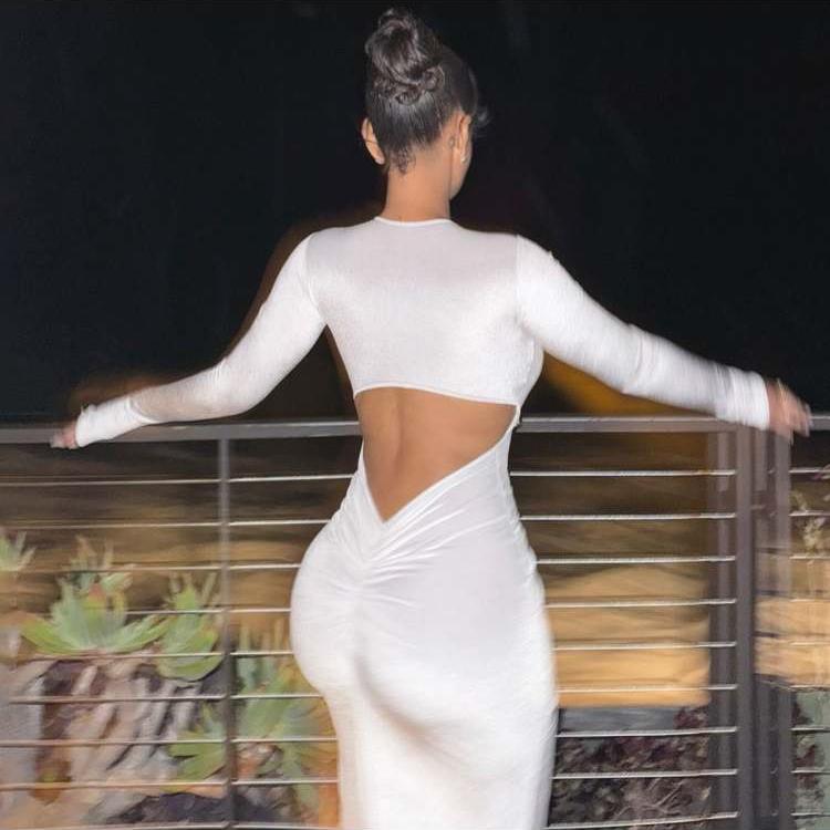 White Hollow-out Ruched Long Sleeve Maxi Dress