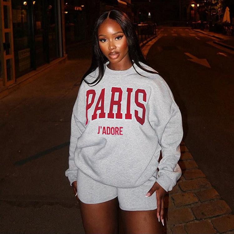 Letter Printed Loose Sweatshirt Short Sets