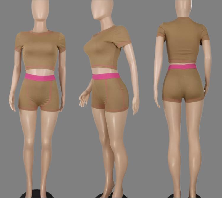 Ribbed Colorblock Seam Line Cropped Short Sets
