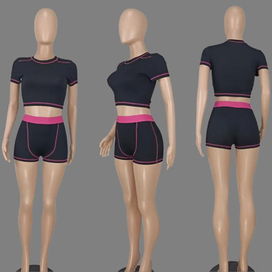 Ribbed Colorblock Seam Line Cropped Short Sets