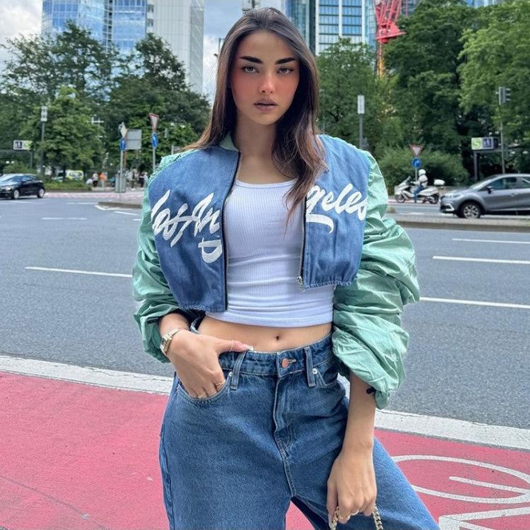 Colorblock Zipper Puff Sleeve Cropped Jackets