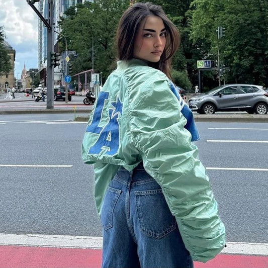 Colorblock Zipper Puff Sleeve Cropped Jackets