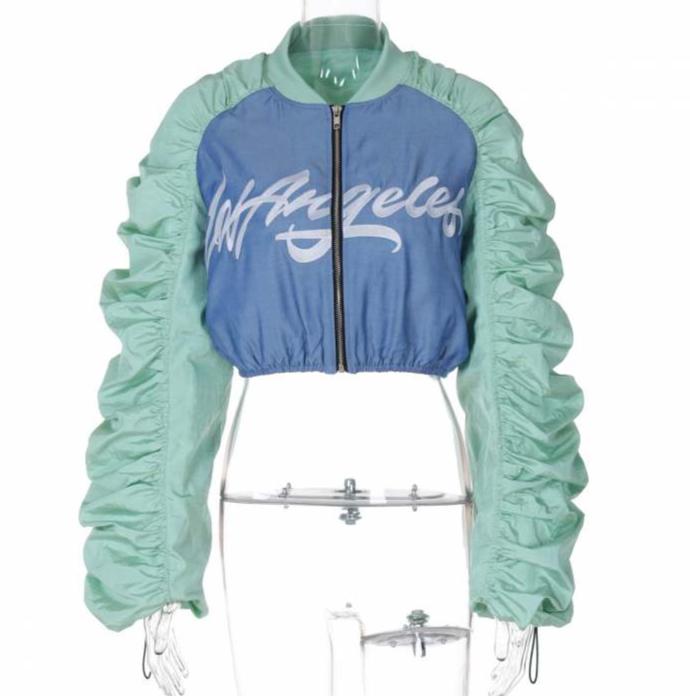 Colorblock Zipper Puff Sleeve Cropped Jackets
