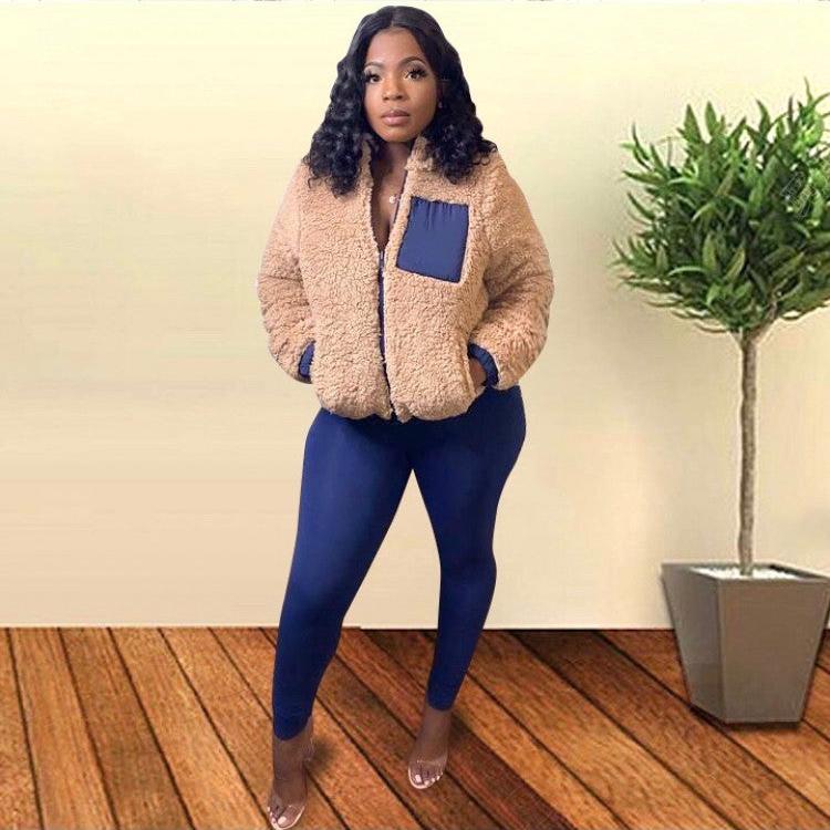 Colorblock Pocket Fluff Coats Pant Sets