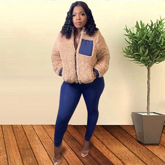 Colorblock Pocket Fluff Coats Pant Sets