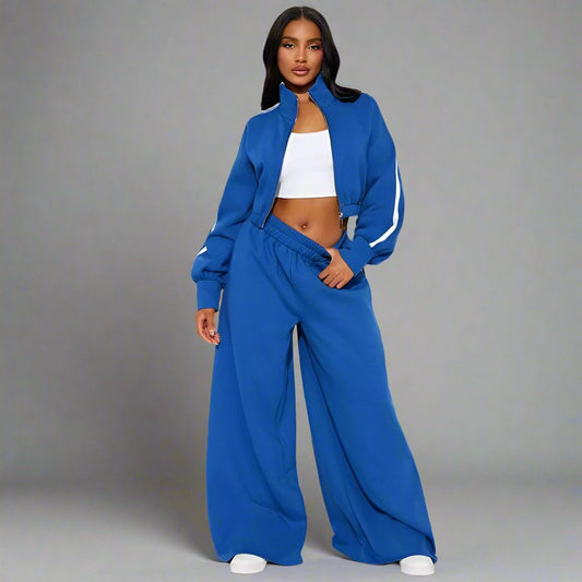 Patchwork Zipper Wide Leg Pant Sets