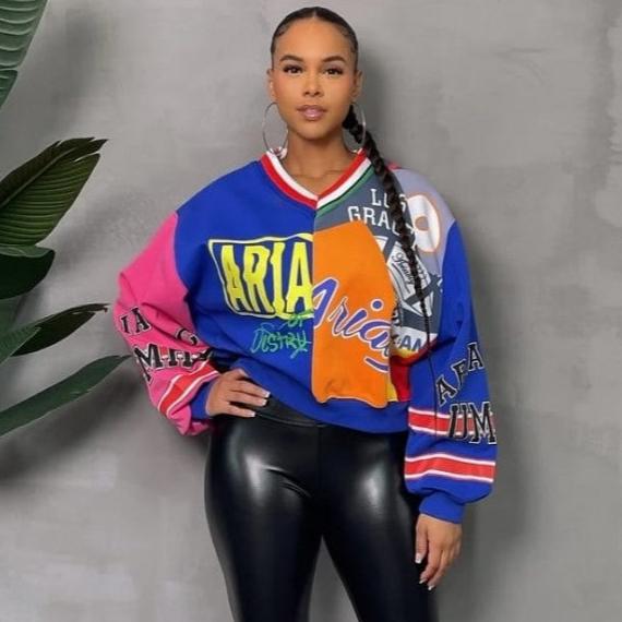 Colorblock V Neck Baggy Sweatshirts