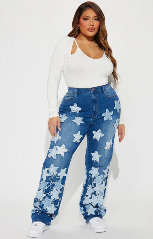 Star Applique Distressed Wide Leg Plus Size Jeans