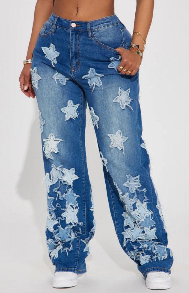 Star Applique Distressed Wide Leg Plus Size Jeans