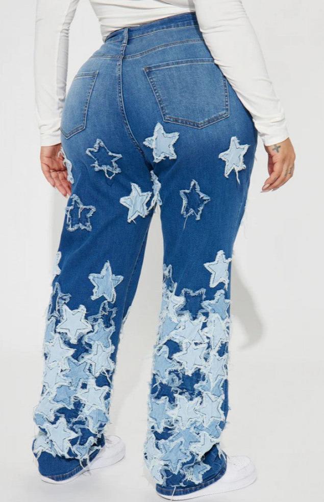 Star Applique Distressed Wide Leg Plus Size Jeans