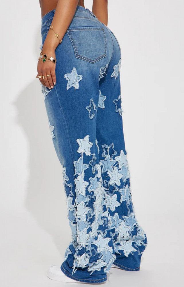 Star Applique Distressed Wide Leg Plus Size Jeans