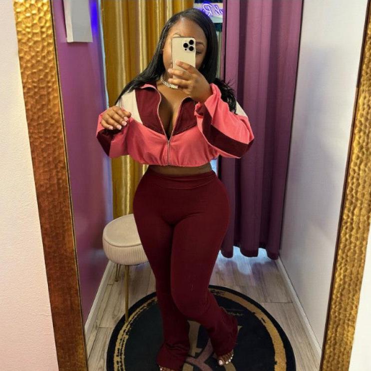 Colorblock Zipper Coats Stretchy Pants Sets
