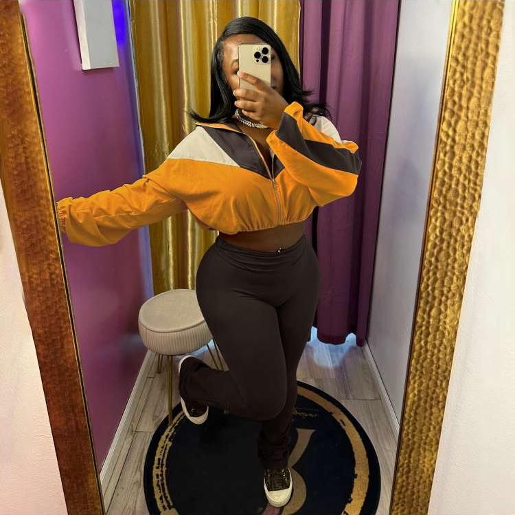 Colorblock Zipper Coats Stretchy Pants Sets