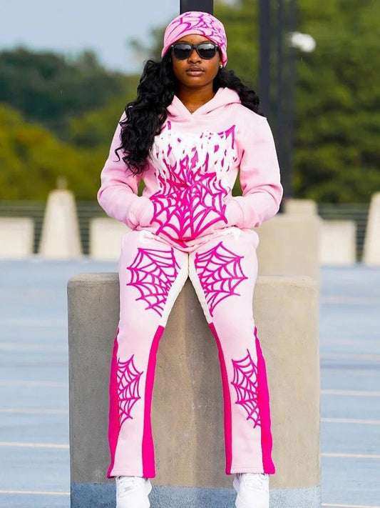 Spider Net Print Hooded Sweatpants Set