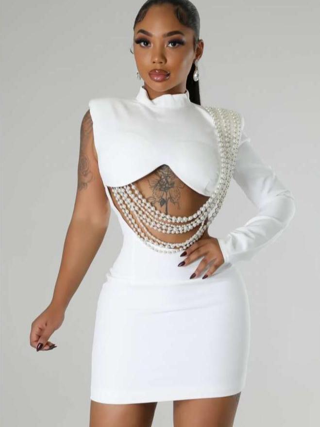 Faux Pearl Chain One Shoulder Mini Dress