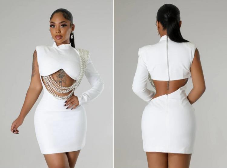 Faux Pearl Chain One Shoulder Mini Dress