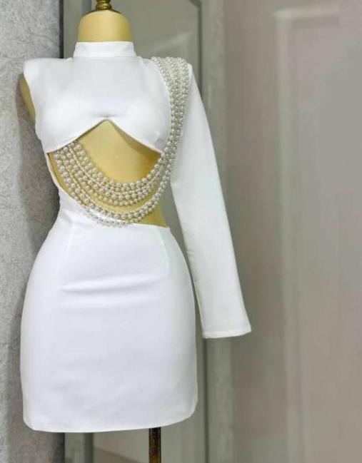 Faux Pearl Chain One Shoulder Mini Dress