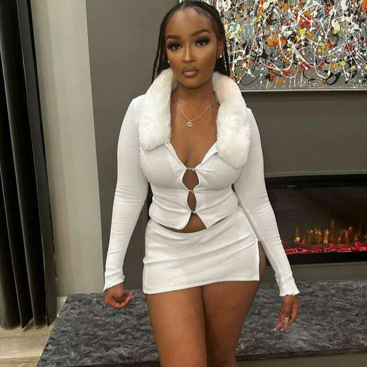 Fluff Lapel Button Up Split Hem Skirt Sets
