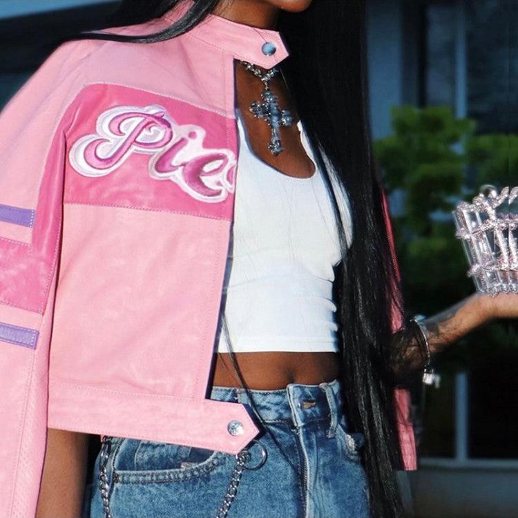 Colorblock Striped PU Zipper Cropped Jackets