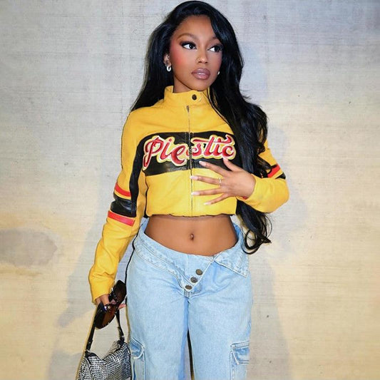 Colorblock Striped PU Zipper Cropped Jackets