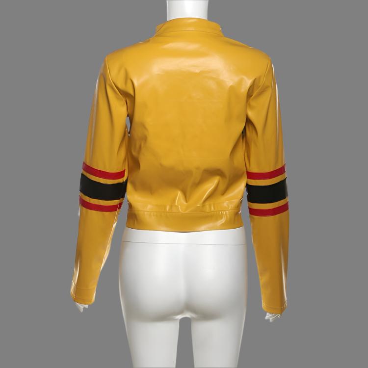 Colorblock Striped PU Zipper Cropped Jackets