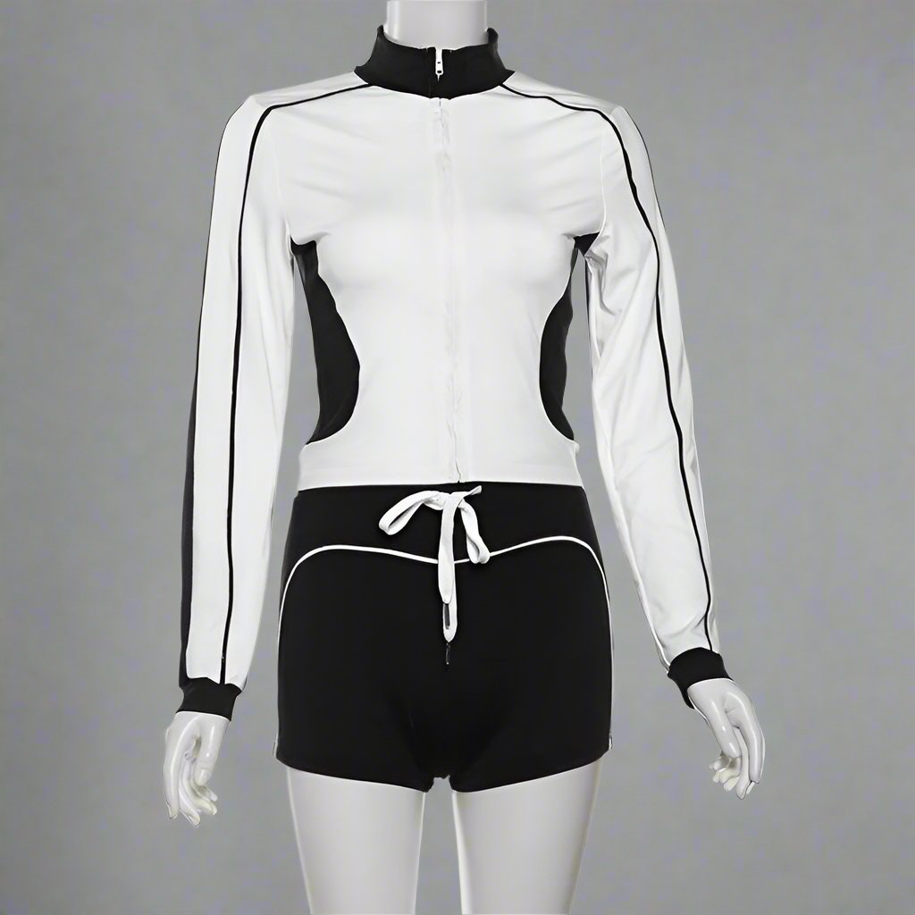 Contrast Color Fitted Zipper Coats Short Sets