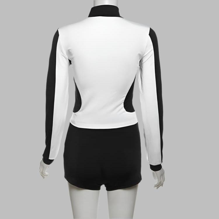 Contrast Color Fitted Zipper Coats Short Sets