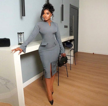 Striped Split Hem V Neck Long Sleeve Midi Dress
