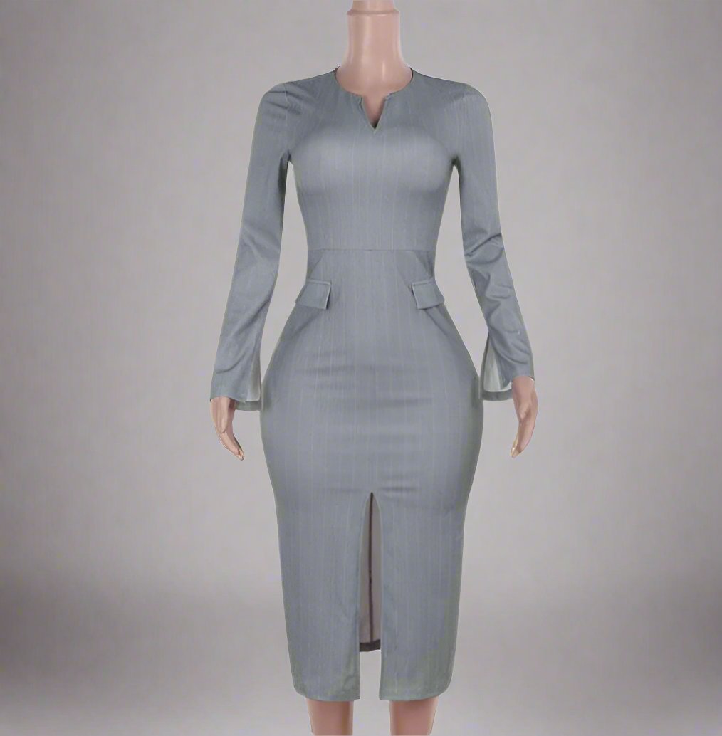 Striped Split Hem V Neck Long Sleeve Midi Dress