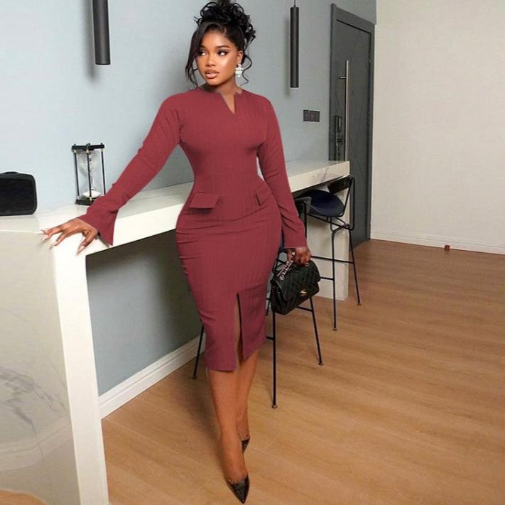 Striped Split Hem V Neck Long Sleeve Midi Dress